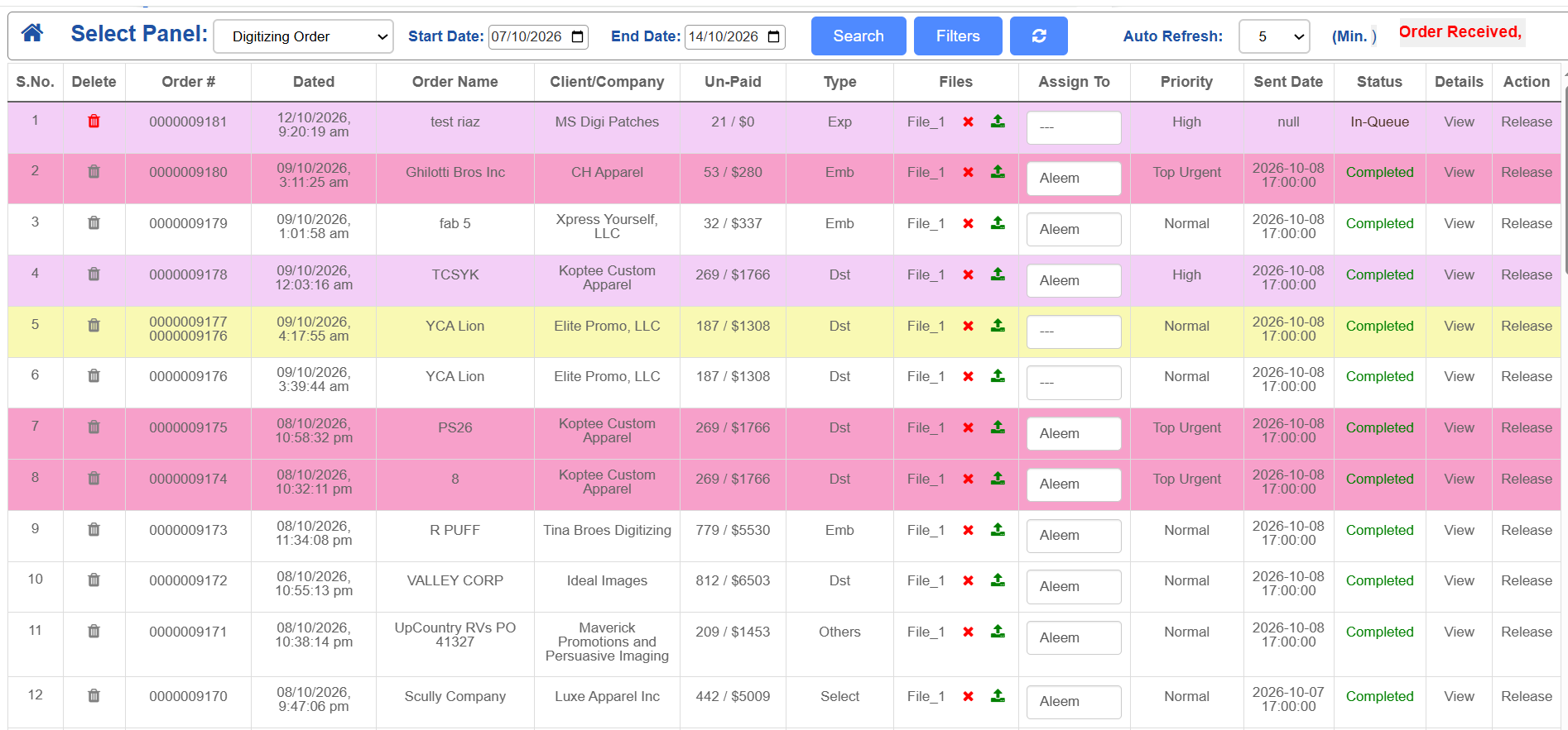 Digitizing order management admin panel showing a list of digitizing orders with order number, client/company, unpaid amount, type, files, assigned designer, priority, sent date, status, and release action
