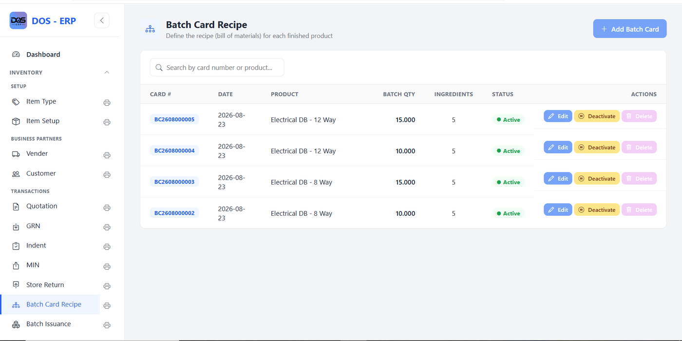 Batch Card Recipe list screen showing card number, date, product, batch quantity, ingredient count, and status for several electrical DB products