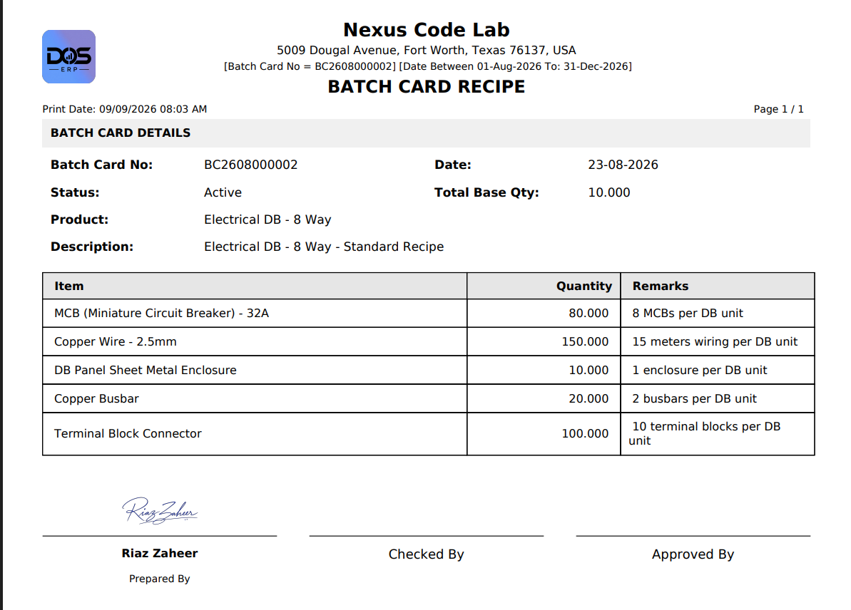 Printed Batch Card Recipe report listing ingredients, quantities, and remarks for a batch of Electrical DB - 8 Way units, with a signature line for Prepared By