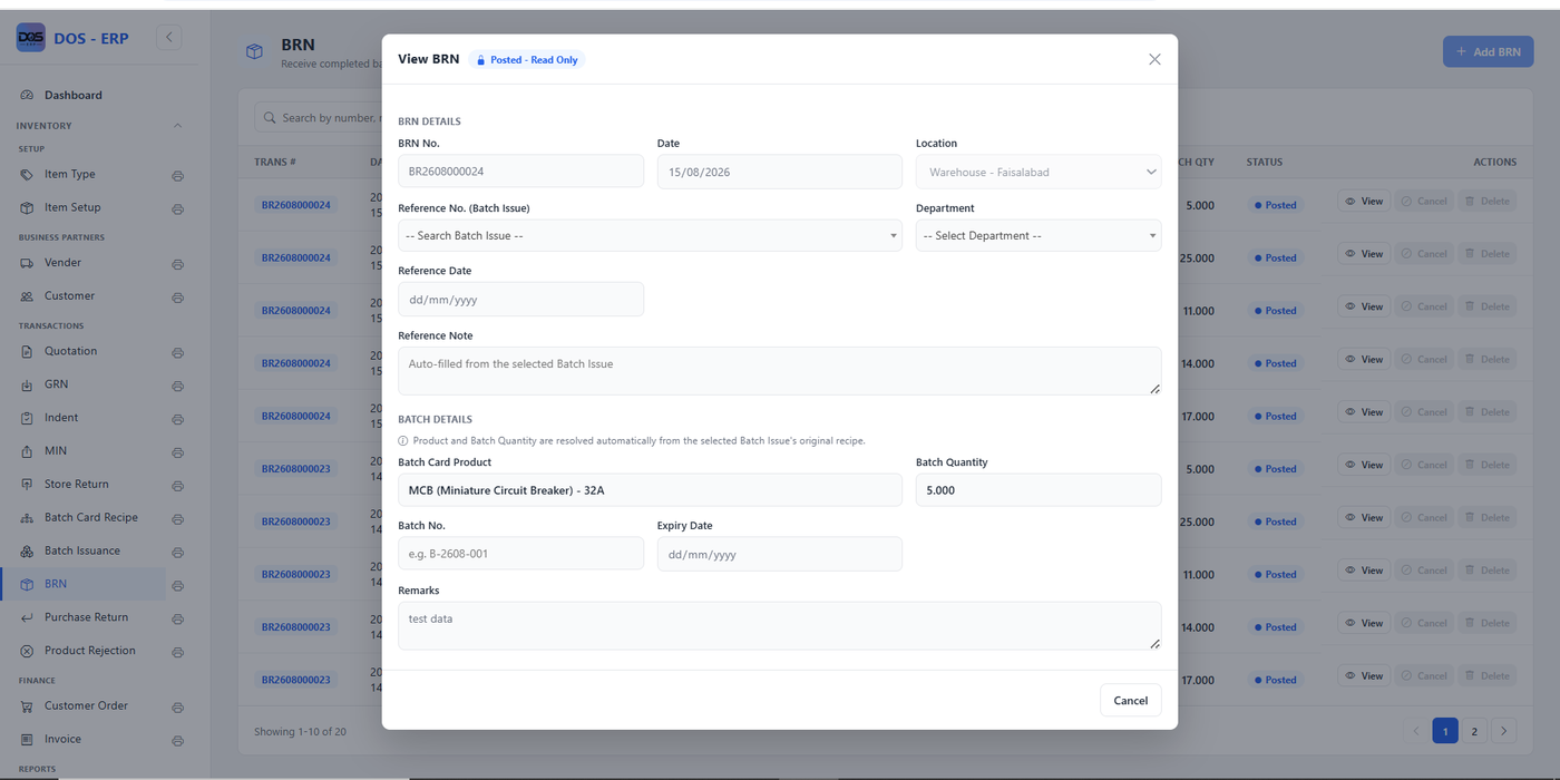 View BRN screen in read-only posted mode showing BRN number, date, location, linked batch issue reference, batch card product, batch quantity, and remarks