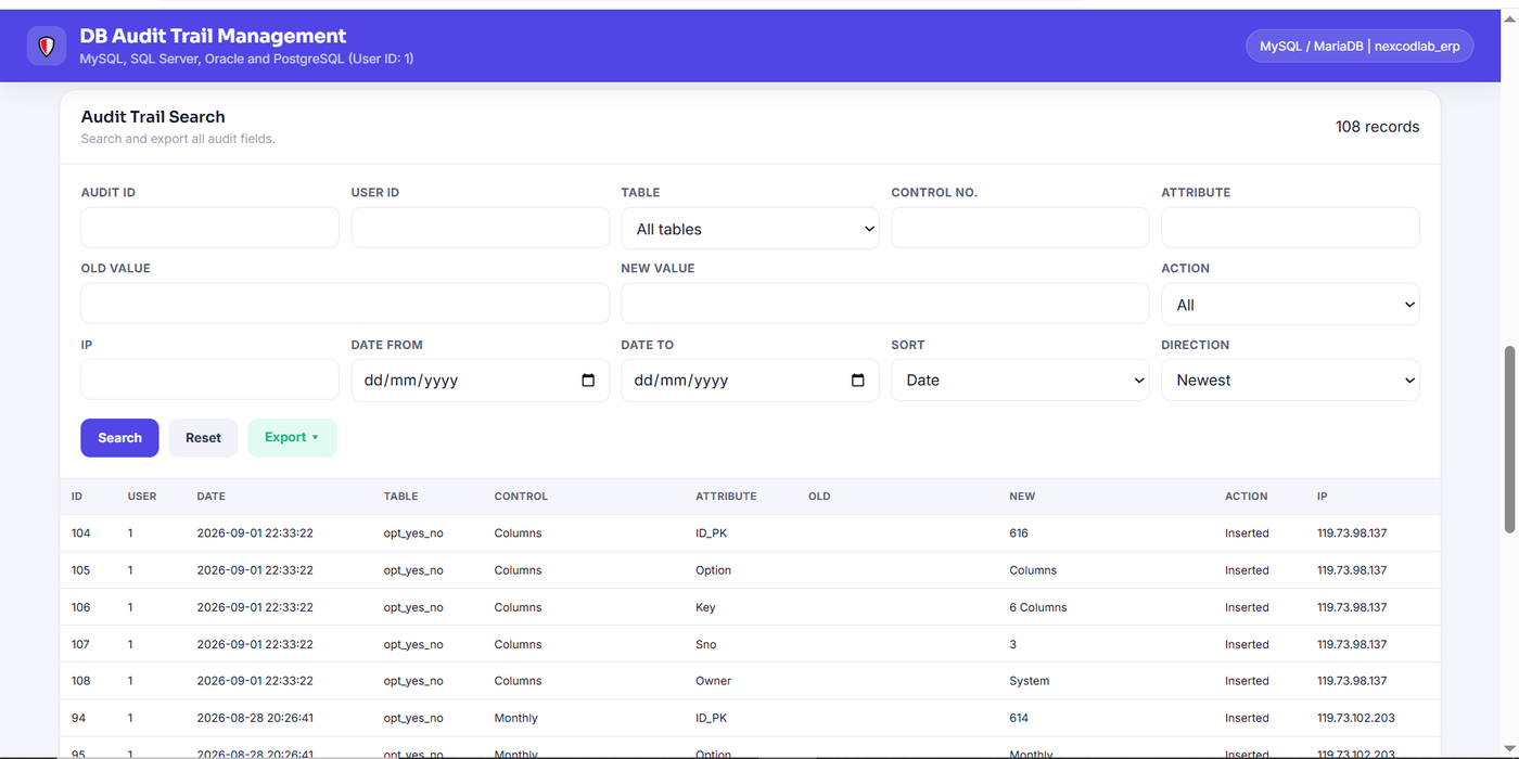DB Audit Trail Management screen with a searchable log of database changes, showing audit ID, user, date, table, control, attribute, old and new values, action, and IP address for each change