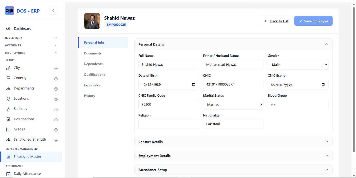 DOS ERP Employee Master screen showing an employee profile with photo, personal details (full name, CNIC, marital status, blood group, nationality), and tabs for Documents, Dependents, Qualifications, Experience, and History