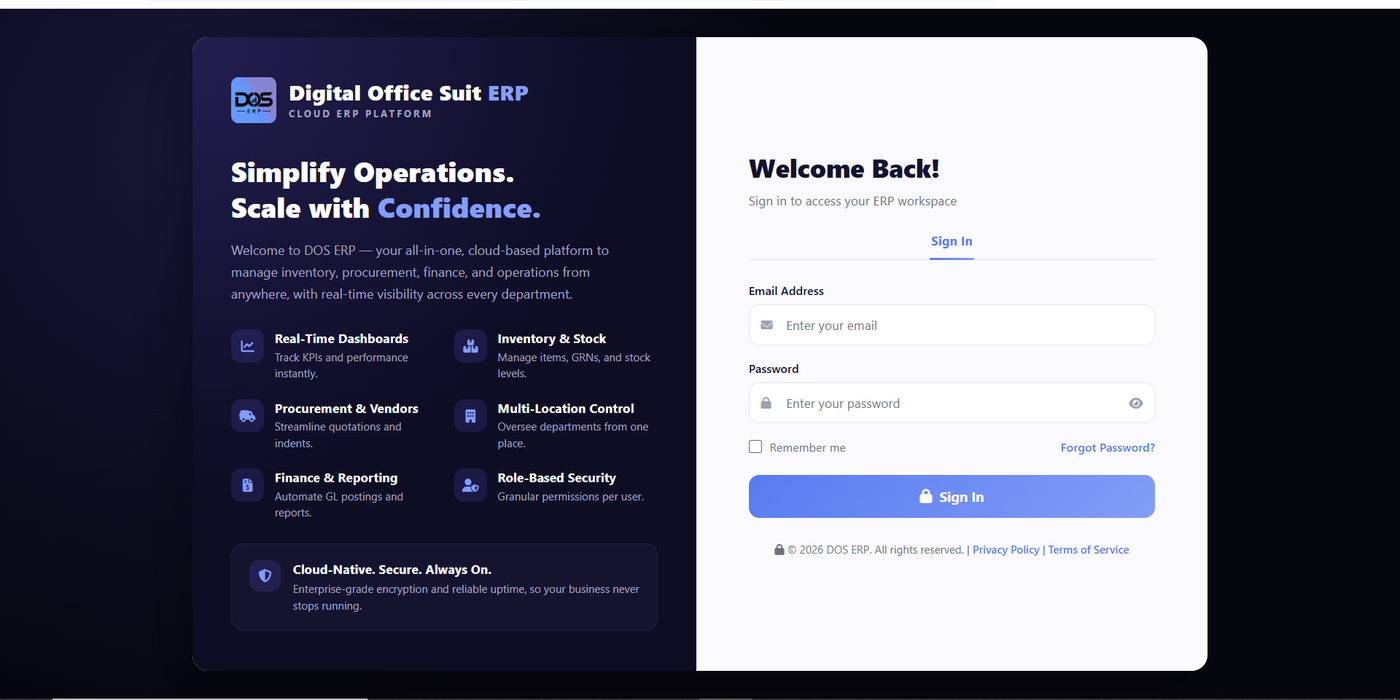 DOS ERP sign-in screen: Digital Office Suite ERP welcome panel listing Real-Time Dashboards, Inventory & Stock, Procurement & Vendors, Multi-Location Control, Finance & Reporting, and Role-Based Security, alongside the login form