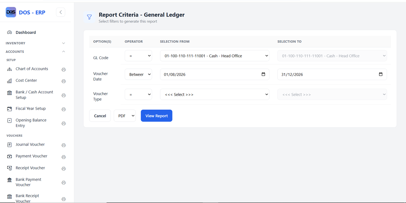 Report Criteria screen for the General Ledger with GL Code, Voucher Date range, and Voucher Type filters, plus PDF/View Report actions