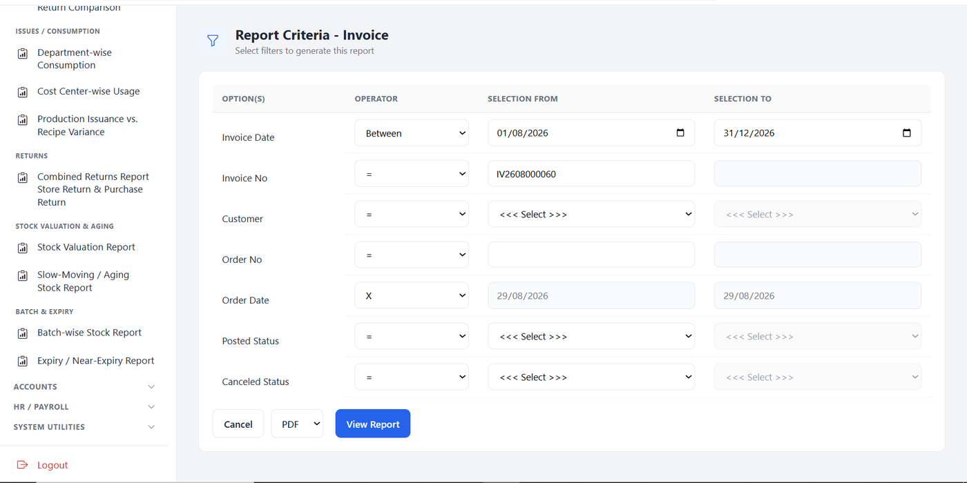 Report Criteria screen for Invoice with filters for invoice date, invoice number, customer, order number and date, posted status, and cancelled status
