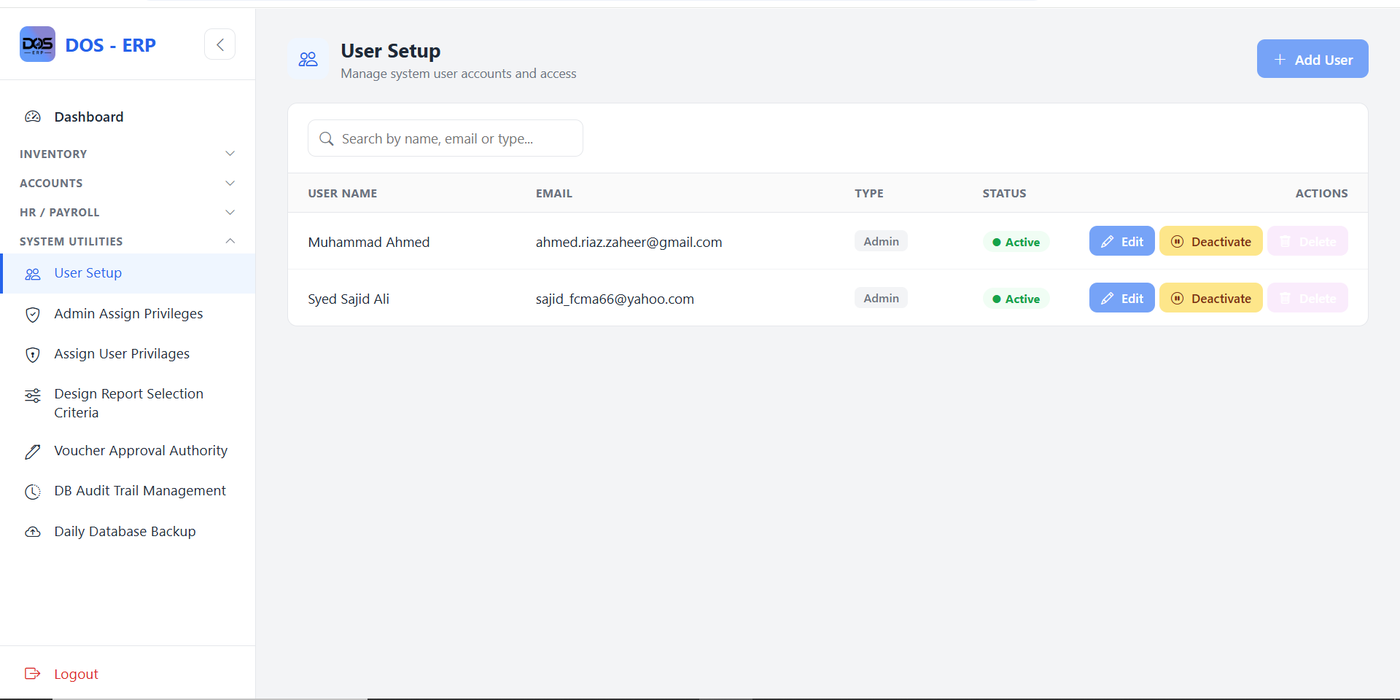 User Setup screen listing system users with name, email, account type, status, and edit/deactivate/delete actions