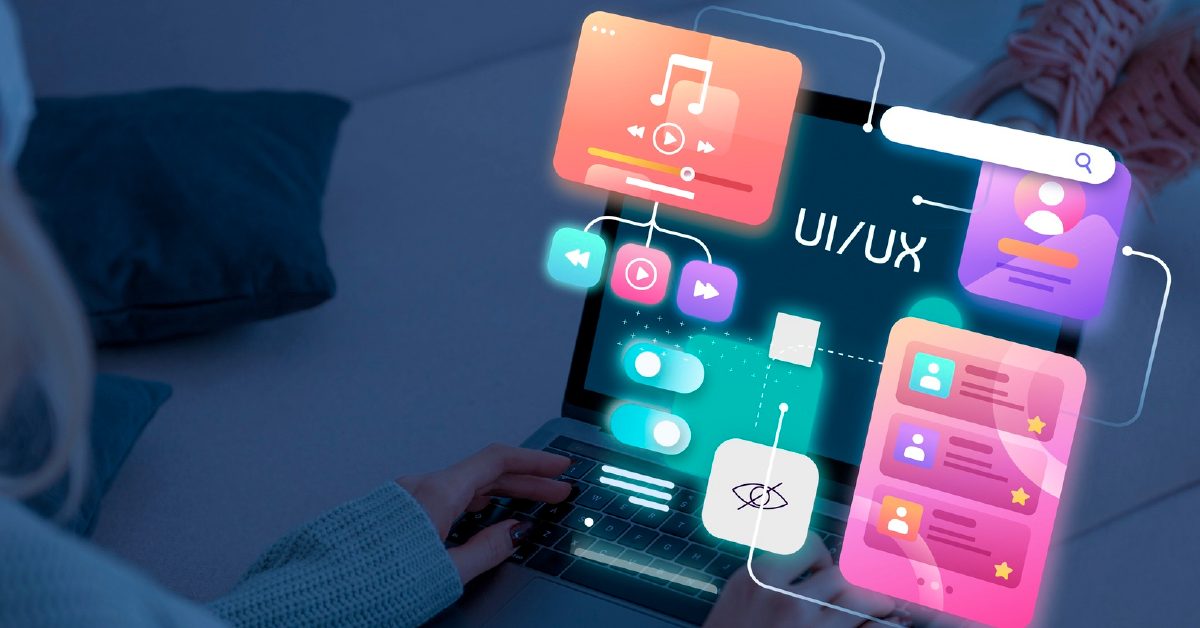 UI/UX design workflow showing wireframes, components, and interface elements